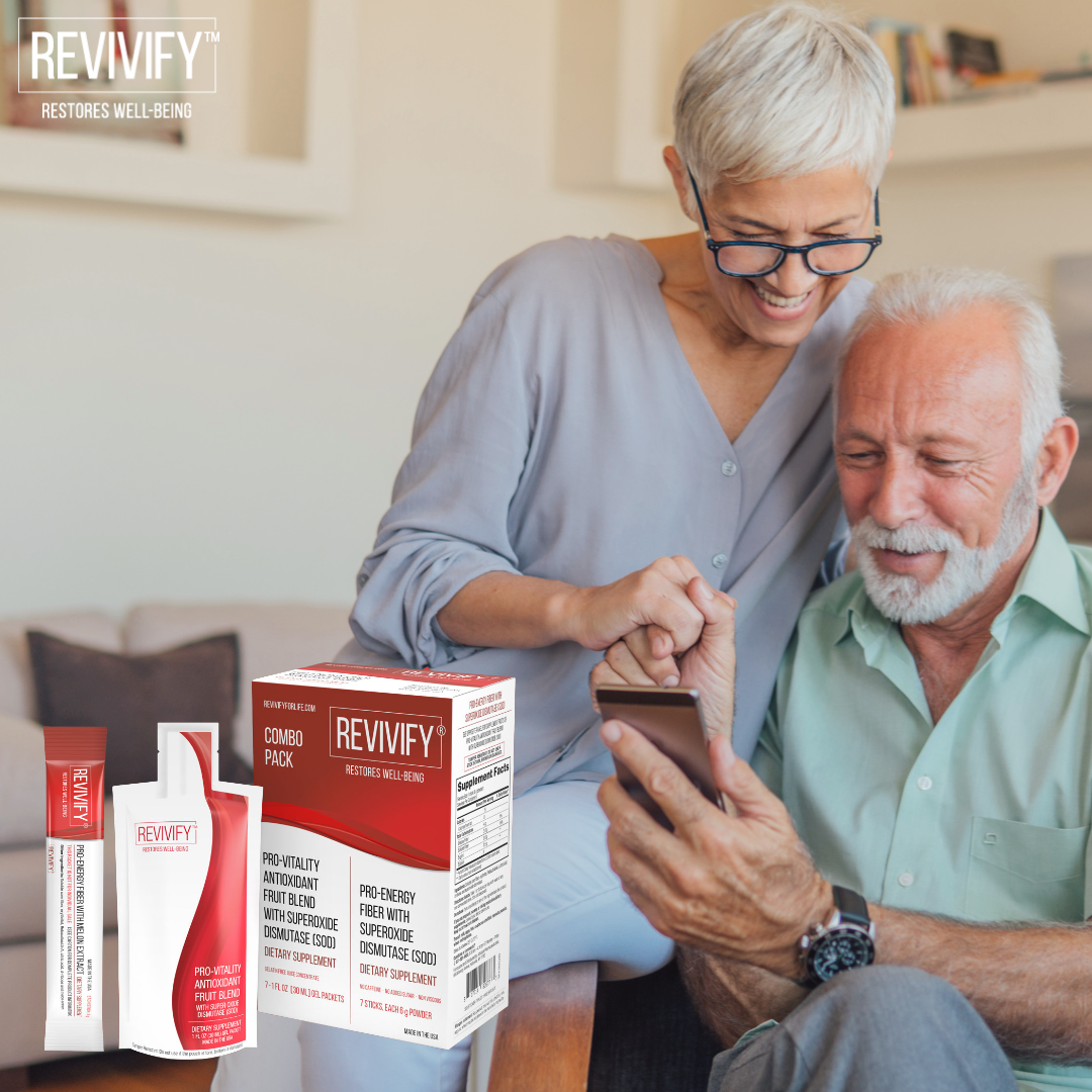 older couple looking a the revivify for life website on their phone and the sample product