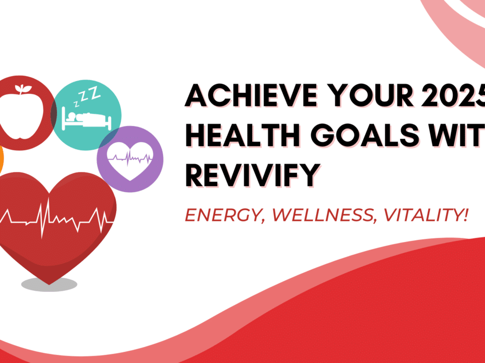 Achieve your 2025 health goals with Revivify - energy, wellness, and vitality visualized through heart and health icons