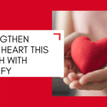 A red and white banner featuring a person holding a red heart-shaped object, with text reading ‘Strengthen Your Heart This Month with Revivify.’