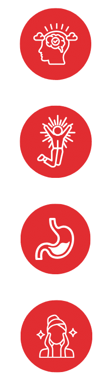 Four circular wellness icons representing mental clarity, energy, digestion, and skincare