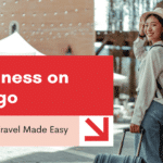 Smiling young woman with suitcase and backpack walking in a lively outdoor setting with “Wellness on the go” text overlay.