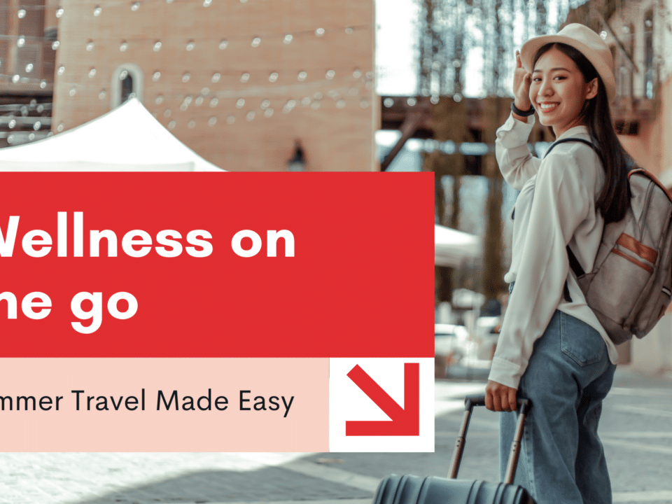 Smiling young woman with suitcase and backpack walking in a lively outdoor setting with “Wellness on the go” text overlay.