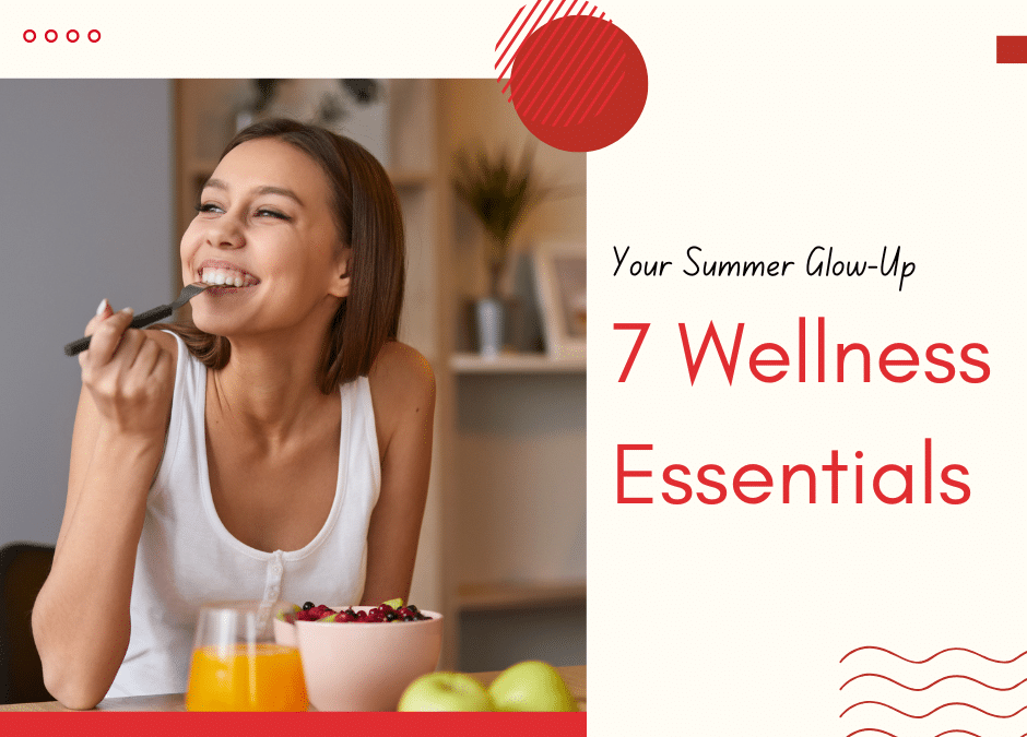 Smiling woman enjoying a healthy breakfast with overlay text “7 Wellness Essentials.”