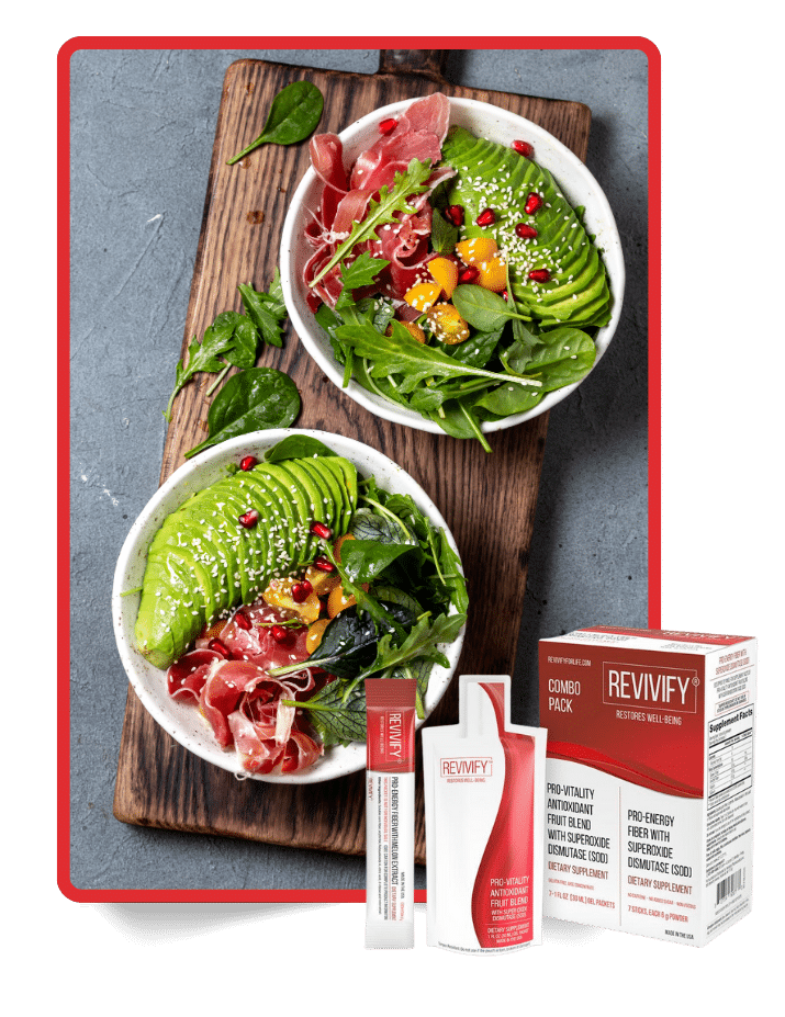 Two fresh avocado and prosciutto salad bowls with Revivify Combo Pack supplements for a nutrient-rich wellness checklist.