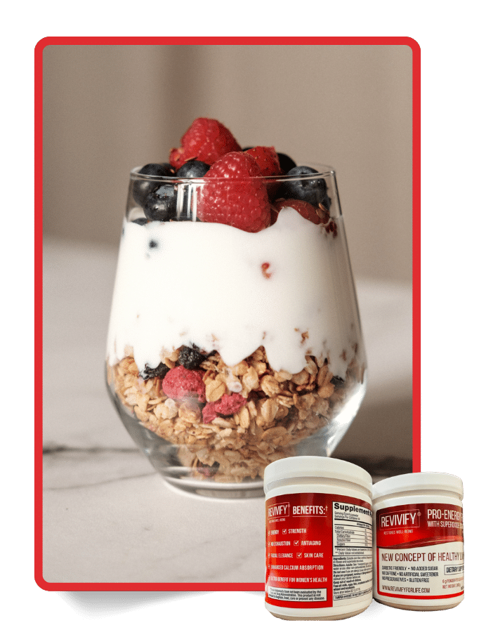 Berry and granola yogurt parfait in a glass with Revivify supplement jars promoting energy and wellness checklist essentials.