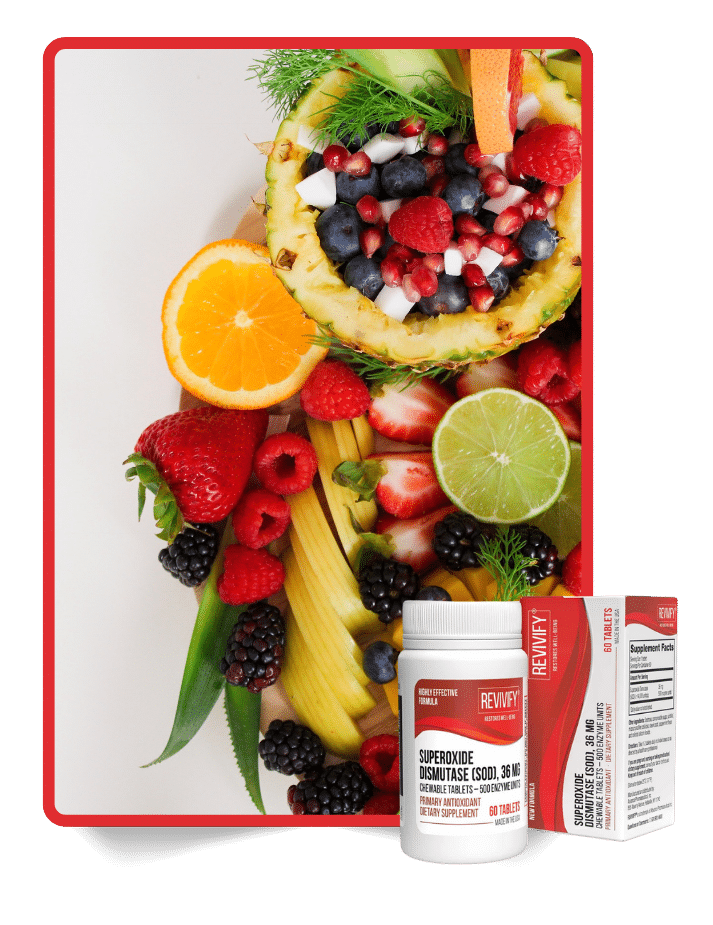Assorted tropical fruits with Revivify antioxidant supplement, perfect for a refreshing and vibrant wellness checklist.