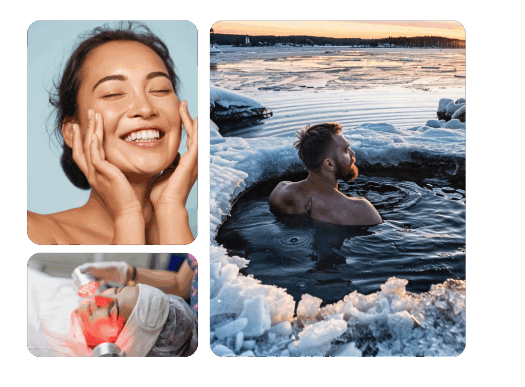 Man in frozen lake performing cold plunge recovery in winter
