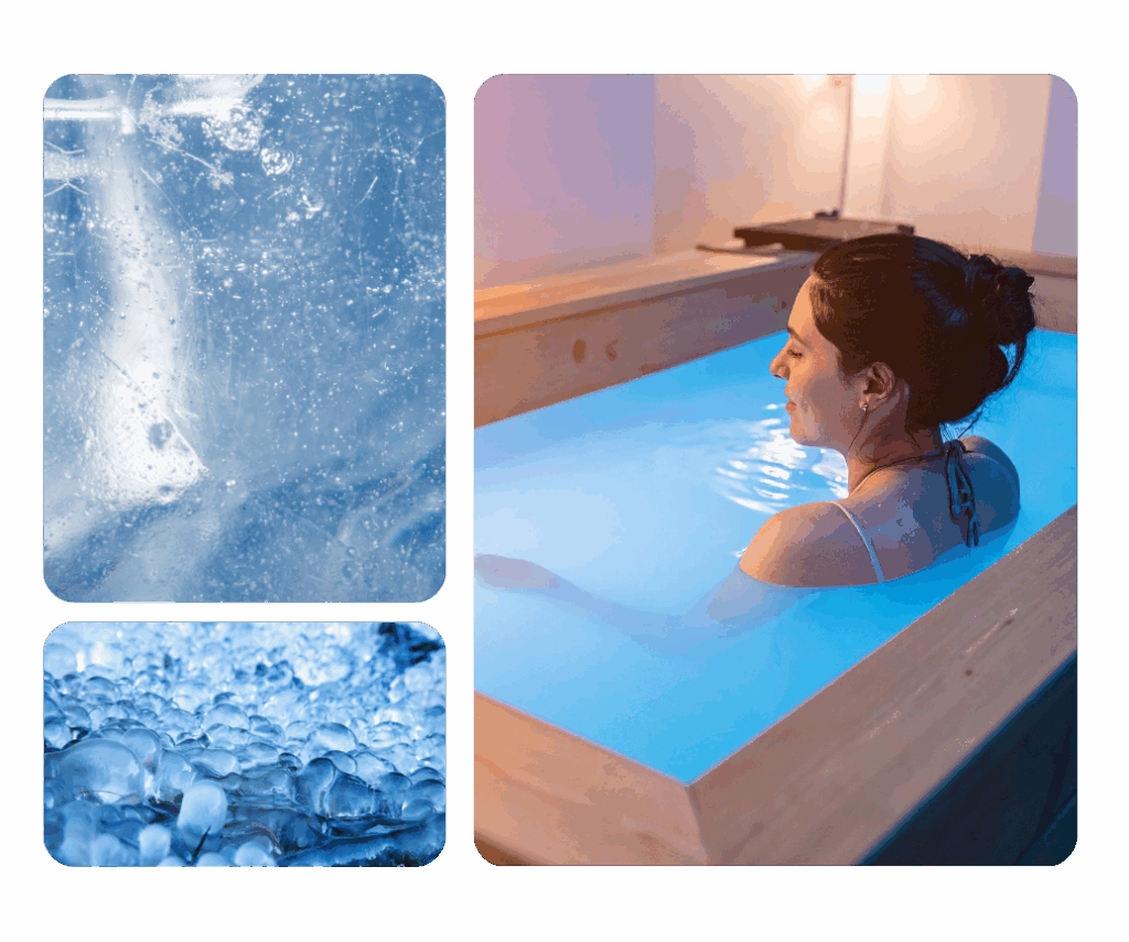 Woman in wooden plunge tub practicing cold plunge therapy for health
