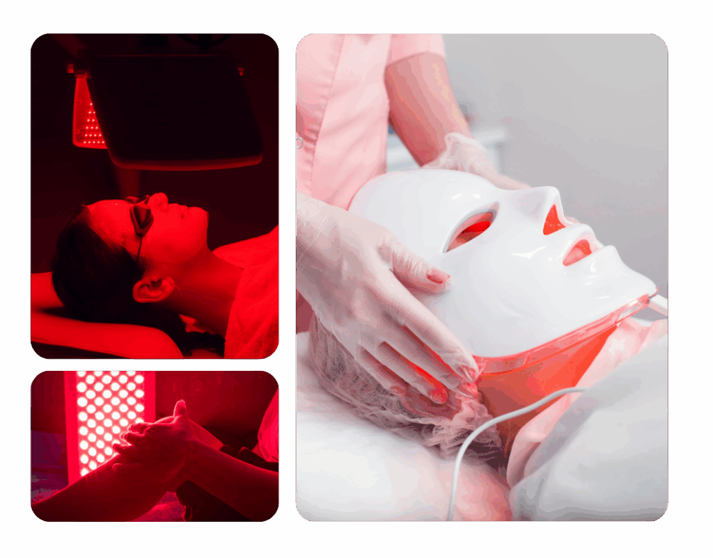 Aesthetician applying red light mask to support ATP production and skin collagen