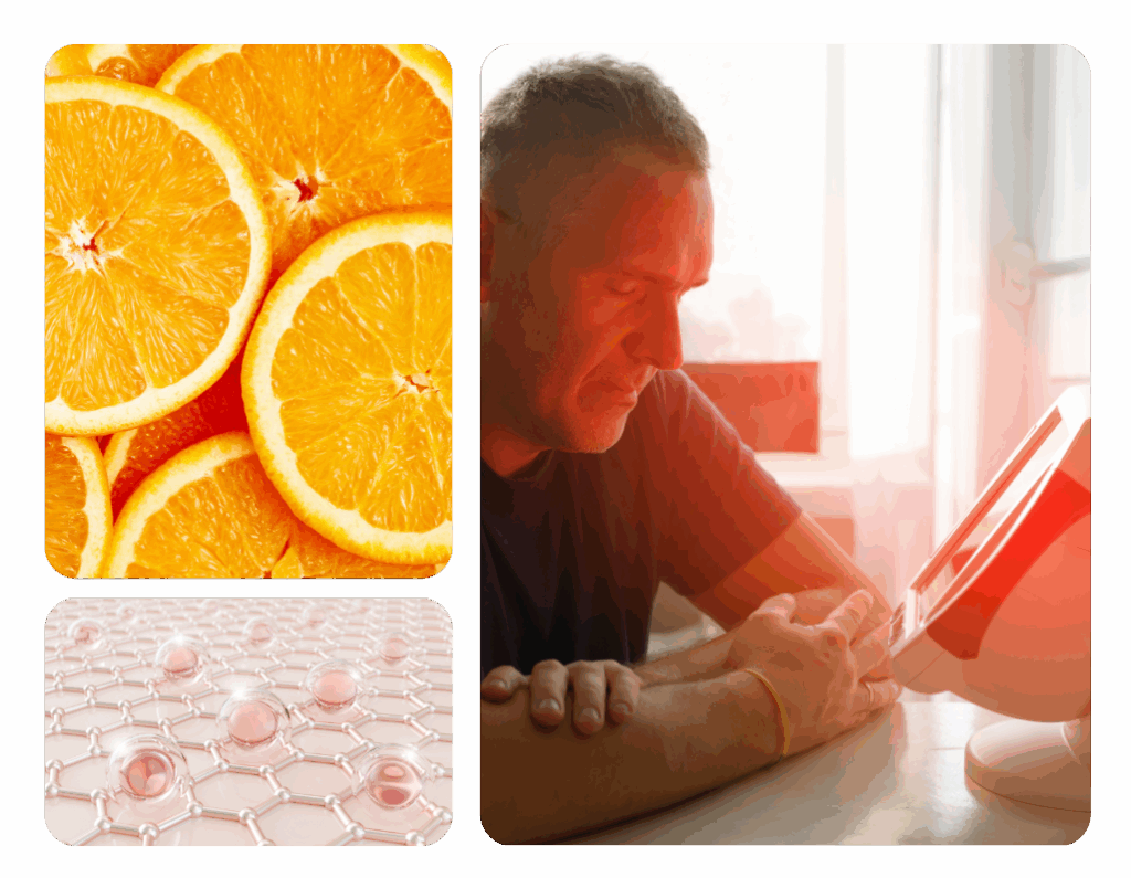 Man sitting at desk using red light therapy panel to reduce inflammation and pain