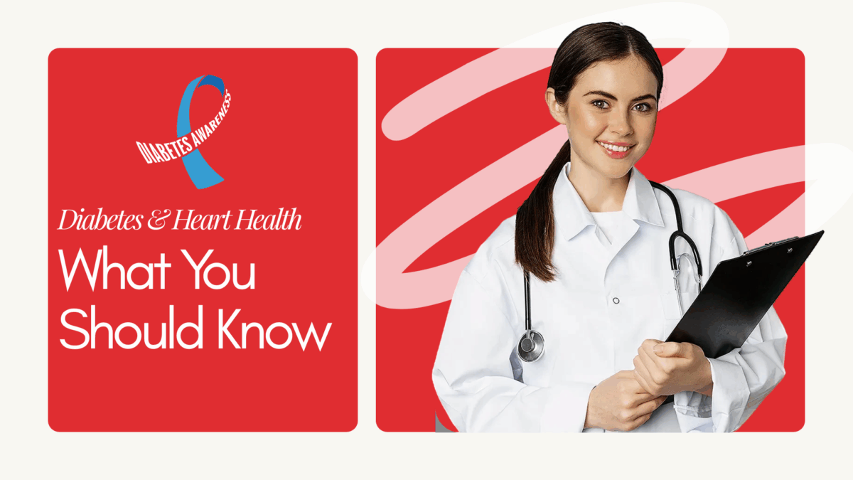 Healthcare provider with clipboard and Diabetes Awareness Month ribbon graphic
