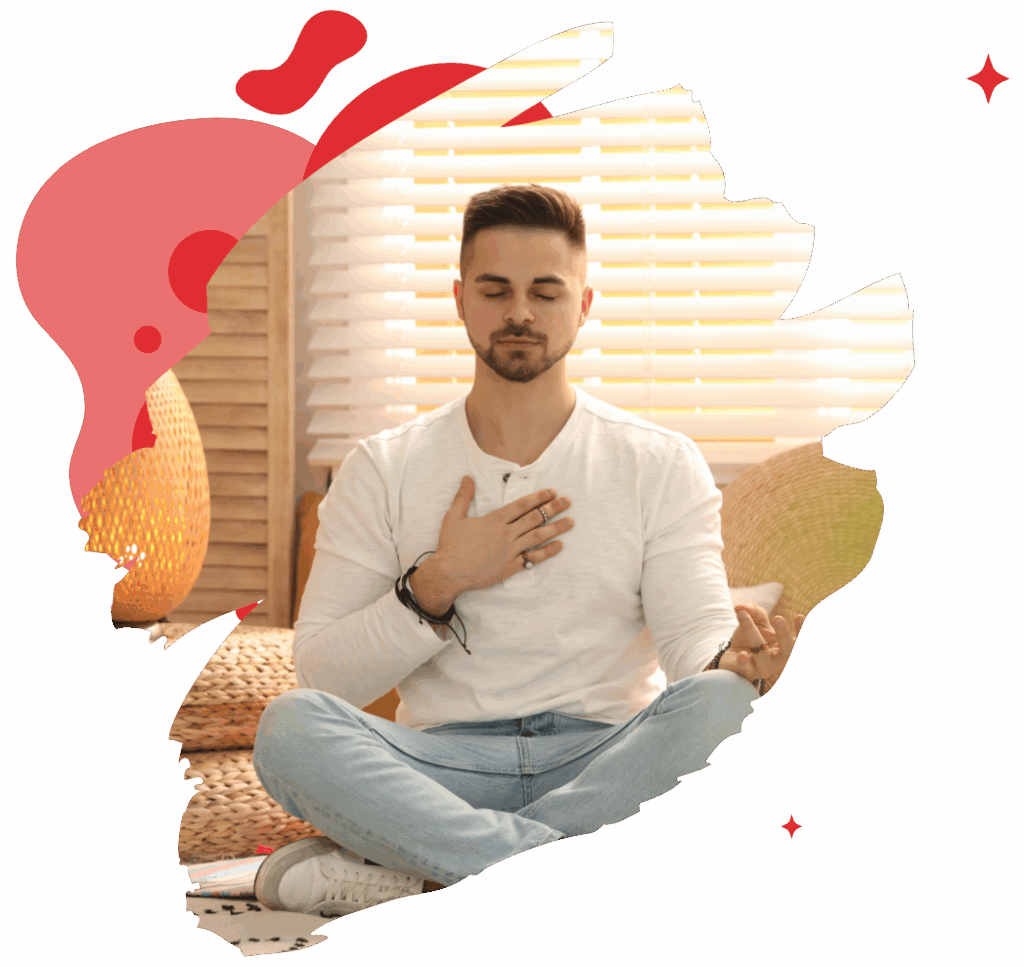 Man practicing meditation with hand on heart for stress relief during holidays