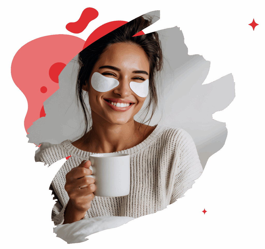 Woman relaxing with under-eye patches and a hot drink for holiday stress relief