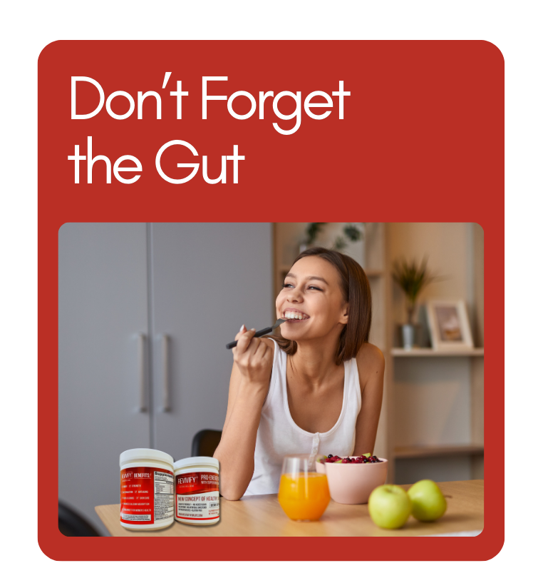 Probiotic Gut Support - Revivify For Life woman eating yogurt and drinking juice with Revivify supplements