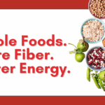 a collection of fiber foods with the slogan on a red background