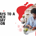 Woman preparing food with holiday decorations promoting 25-day self-care challenge