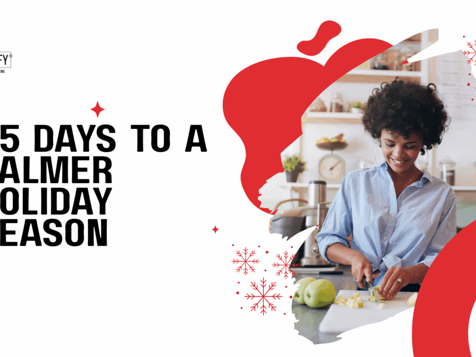 Woman preparing food with holiday decorations promoting 25-day self-care challenge