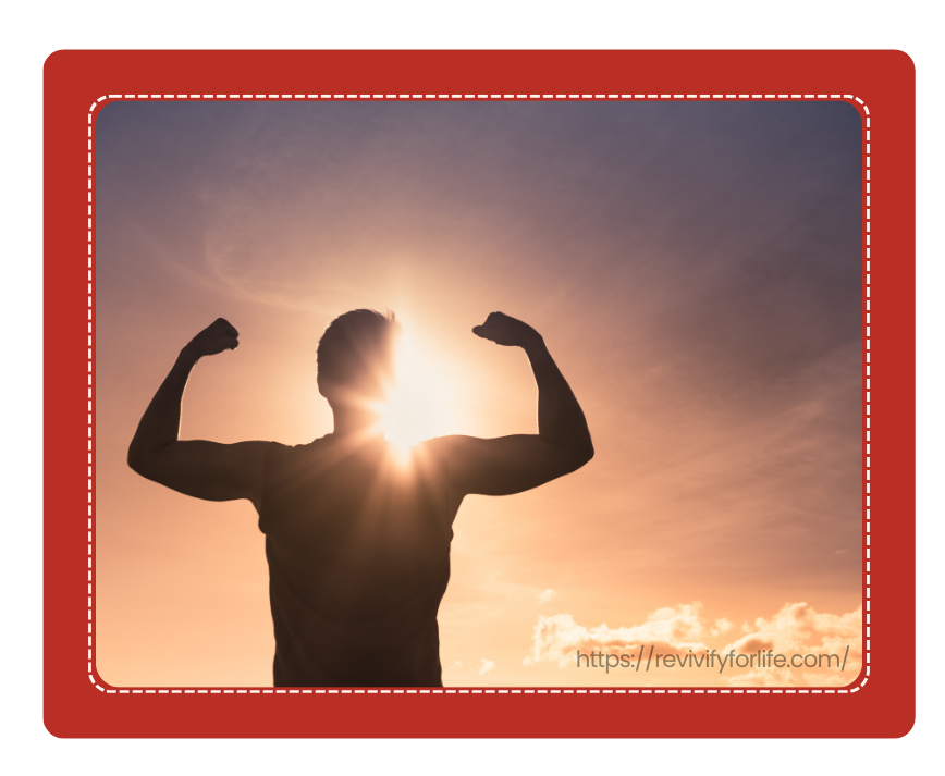 Strength and Vitality Through Cellular Wellness - Revivify For Life Person flexing muscles at sunrise representing cellular wellness and longevity