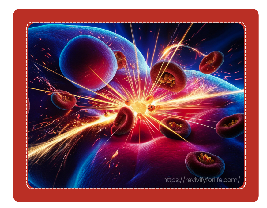 Oxidative Stress and Cellular Wellness Illustration - Revivify For Life Microscopic illustration of oxidative stress and free radicals impacting cells