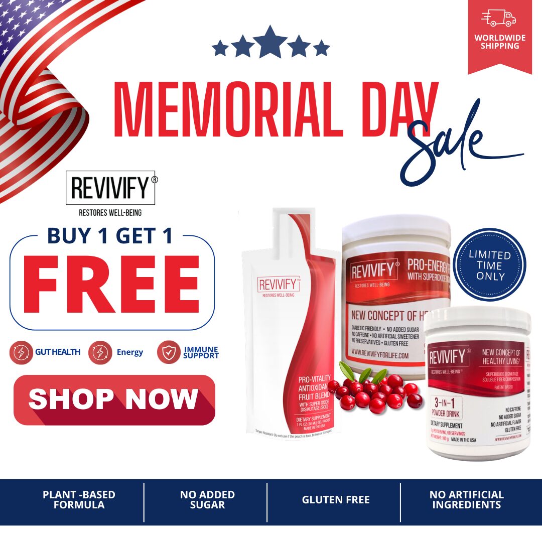 Revivify PopUp 1 - Revivify For Life Memorial Day sale banner for Revivify with Buy 1 Get 1 Free offer and product bottles; limited-time, shipping icon included.