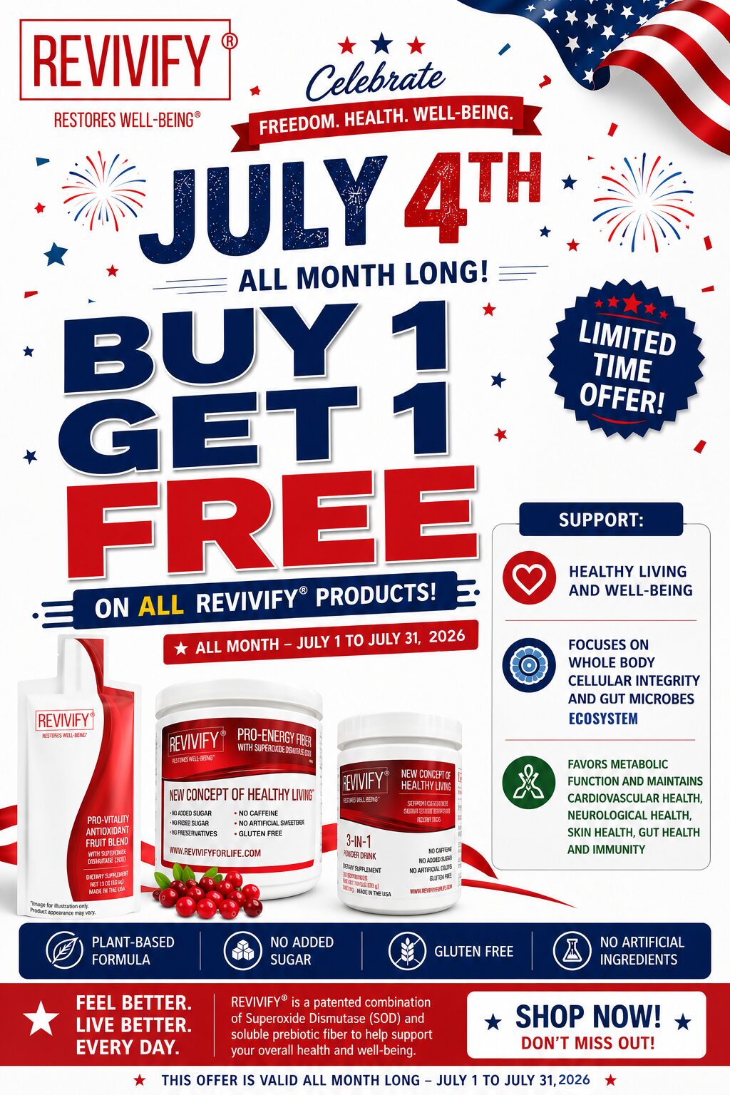 2-2026 - Revivify For Life Promotional poster for Revivify July 4 sale: Buy 1 Get 1 Free on all products, with fireworks and US flag motif.