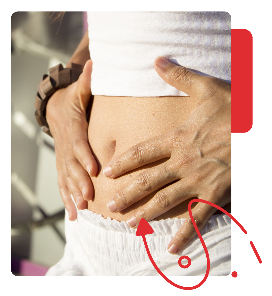 - Revivify For Life Gut Health support shown through a person gently holding their stomach